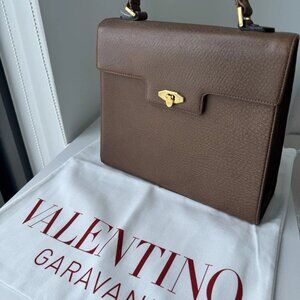 Valentino Garavani Bag Tan Brown Leather Satchel Top Handle Camel Logo Vintage